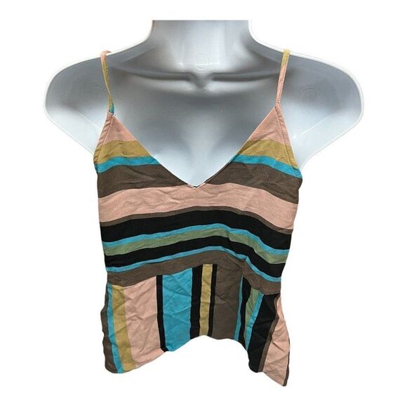 Zara Top Womens XS Brown‎ Stripe Tank Plunge Pink Blue Faux Wrap Plunge V Neck - Picture 9 of 11
